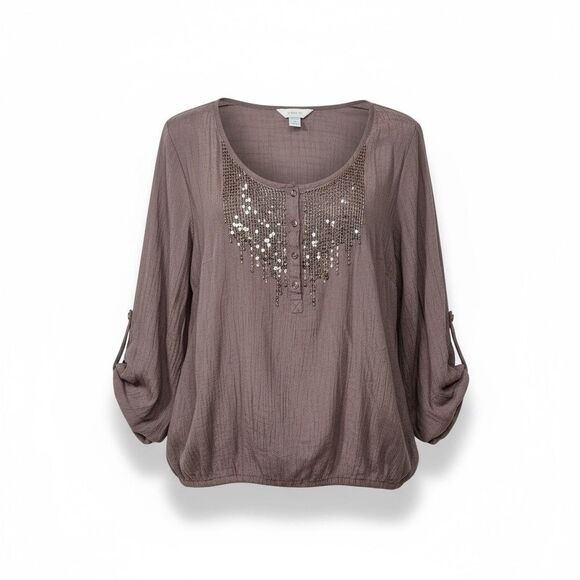 CJ Banks 3X Shirt Top Mocha Brown Lightweight Sheer Gauze Sequins Boho Sparkle - Picture 1 of 10